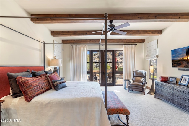 bedroom featuring ceiling fan, access to exterior, carpet, french doors, and beam ceiling