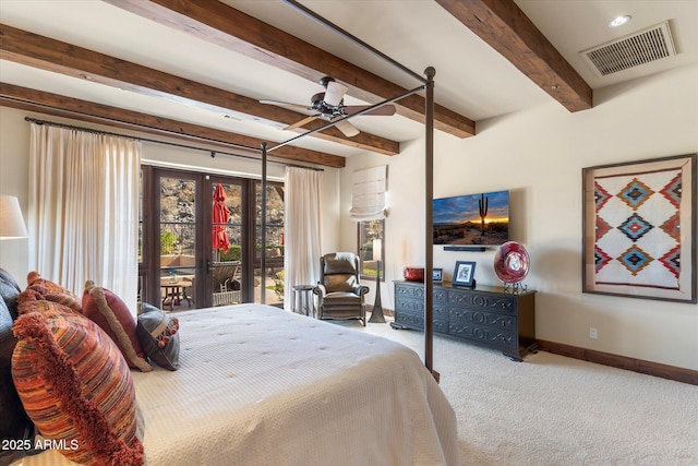 carpeted bedroom featuring access to exterior, french doors, beam ceiling, visible vents, and baseboards