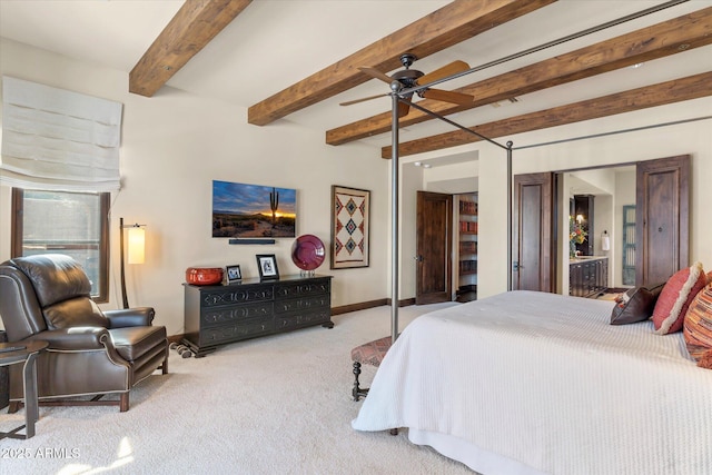 carpeted bedroom featuring beamed ceiling and baseboards