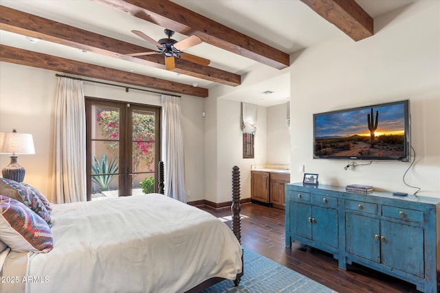 bedroom featuring baseboards, beamed ceiling, dark wood-style flooring, and french doors