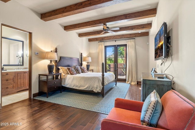 bedroom featuring access to exterior, beam ceiling, ensuite bathroom, a sink, and wood finished floors