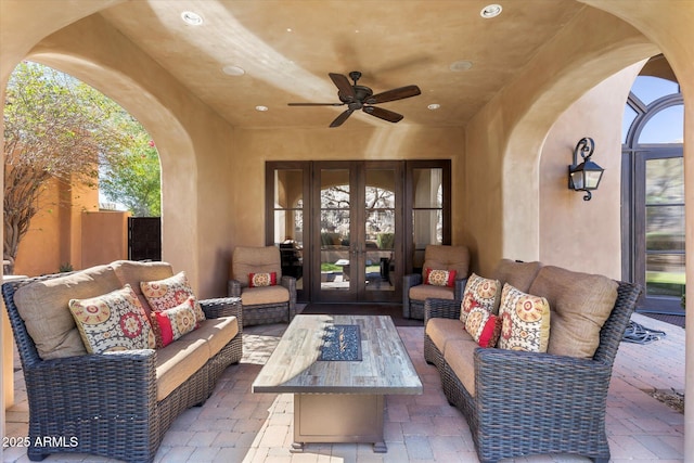 view of patio / terrace with ceiling fan, french doors, and an outdoor hangout area