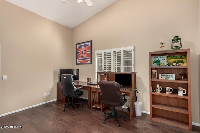 home office with vaulted ceiling and dark wood-type flooring