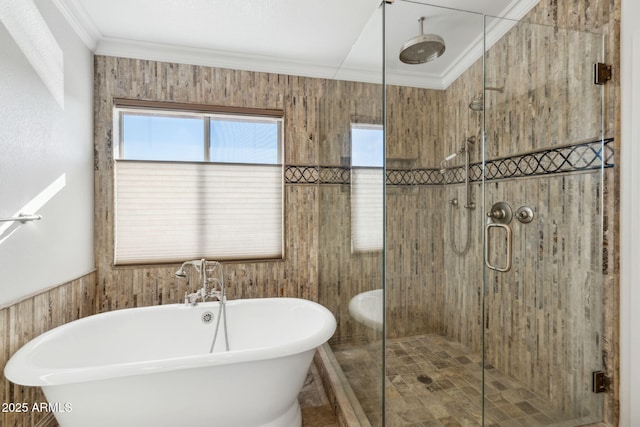 bathroom featuring crown molding and shower with separate bathtub