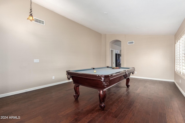 playroom with lofted ceiling, dark wood-type flooring, and pool table