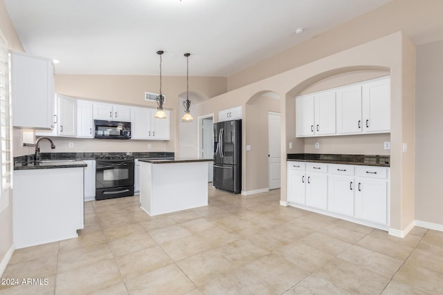 kitchen featuring sink, white cabinetry, a kitchen island, pendant lighting, and black appliances