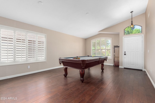 rec room with dark wood-type flooring, lofted ceiling, and billiards