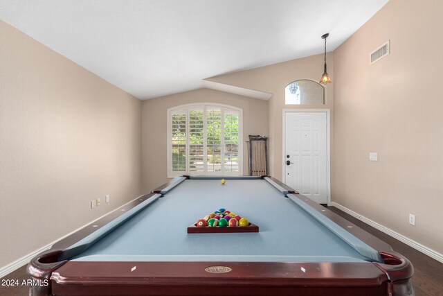 game room with billiards and lofted ceiling