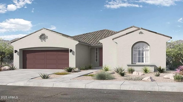 view of front of house with a garage, driveway, a tiled roof, and stucco siding