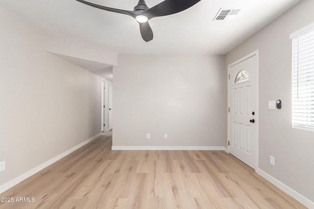 entrance foyer featuring ceiling fan and light hardwood / wood-style flooring