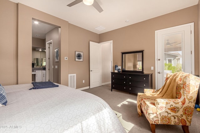 bedroom with baseboards, visible vents, ceiling fan, access to exterior, and carpet floors