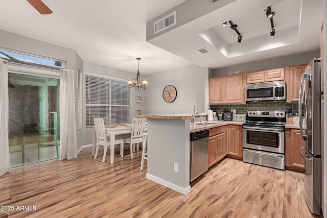 kitchen featuring backsplash, kitchen peninsula, sink, a tray ceiling, and appliances with stainless steel finishes