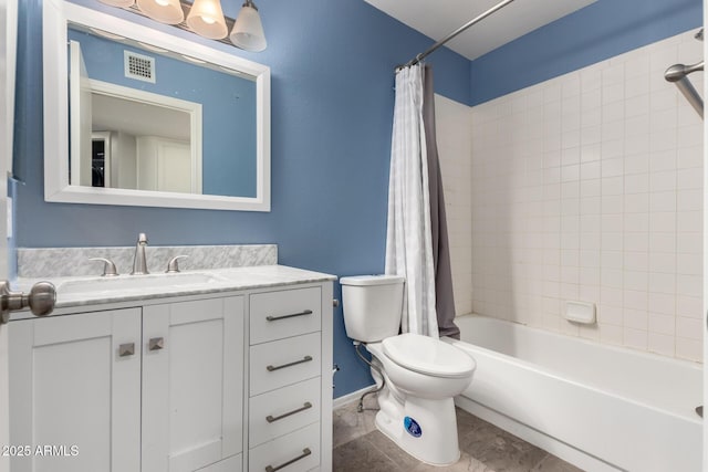 full bathroom featuring toilet, vanity, and shower / bathtub combination with curtain