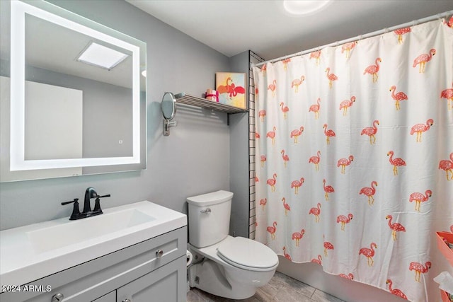 full bathroom with toilet, shower / bath combo, vanity, and hardwood / wood-style floors