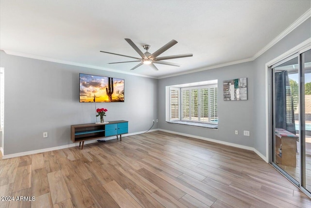 interior space featuring light hardwood / wood-style flooring, crown molding, and ceiling fan