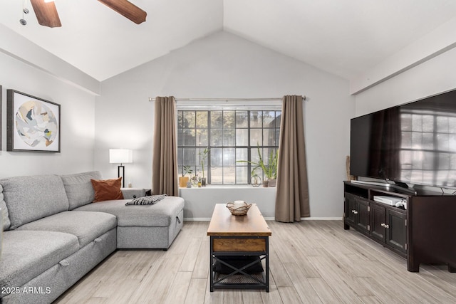 living area featuring lofted ceiling, ceiling fan, light wood-type flooring, and baseboards