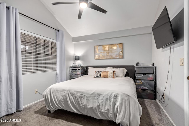 carpeted bedroom featuring lofted ceiling, ceiling fan, and baseboards