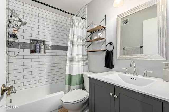 full bathroom with toilet, vanity, visible vents, and shower / bathtub combination with curtain