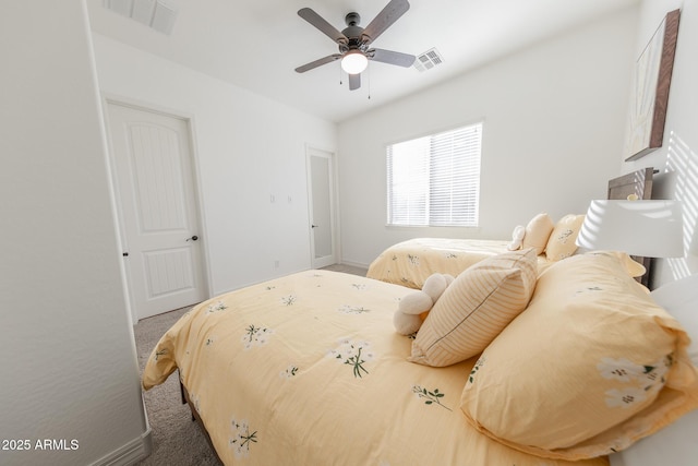 bedroom featuring ceiling fan and carpet flooring