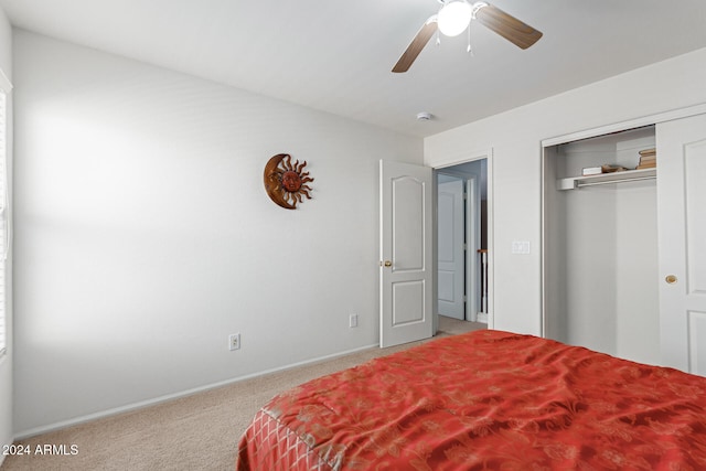 bedroom featuring a closet, carpet, and ceiling fan