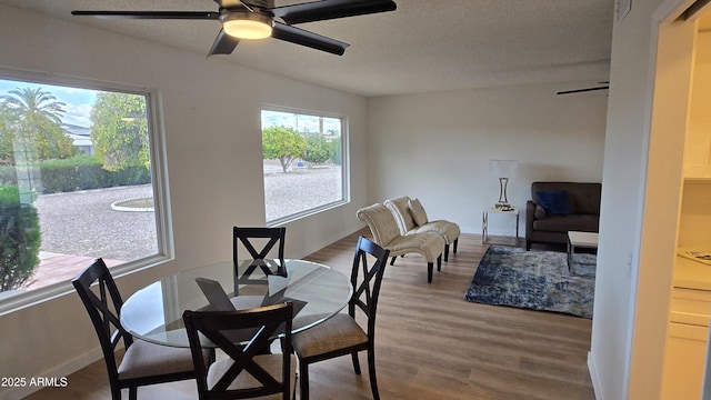 dining space with hardwood / wood-style floors and ceiling fan