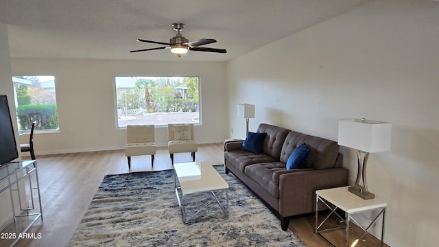 living room featuring ceiling fan and wood-type flooring