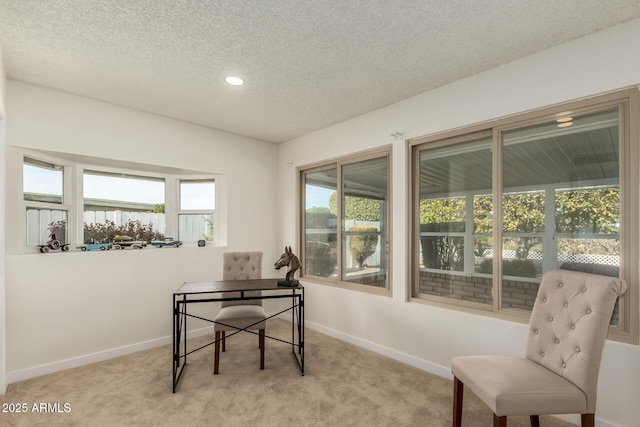 carpeted home office featuring a textured ceiling