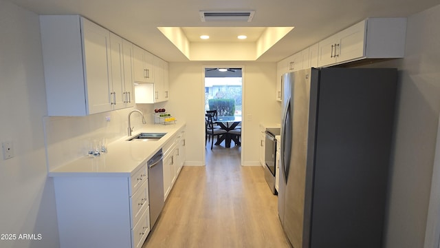 kitchen with sink, white cabinetry, a tray ceiling, and stainless steel appliances