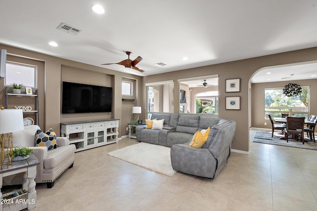 living room with ceiling fan