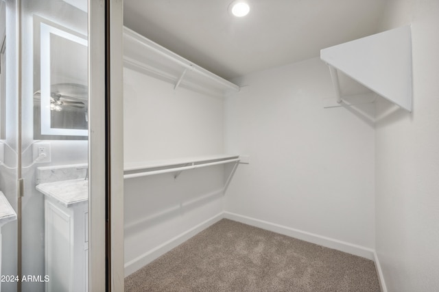 walk in closet with carpet flooring and ceiling fan