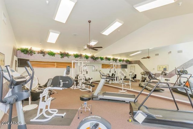 gym featuring ceiling fan and vaulted ceiling