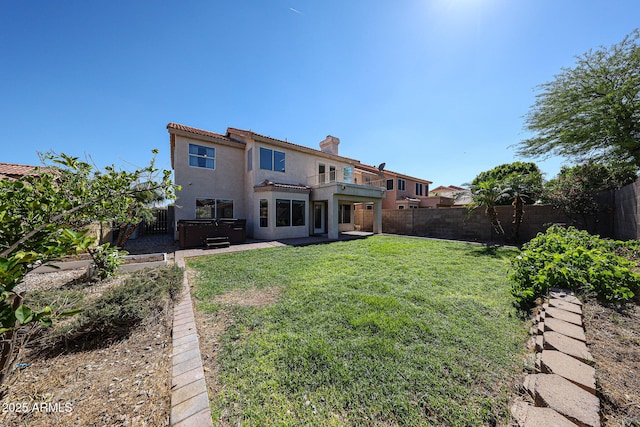 4306 E Raven Rd, Phoenix, AZ 85044 - back of house with a hot tub, a balcony, stucco siding, a patio, and a chimney