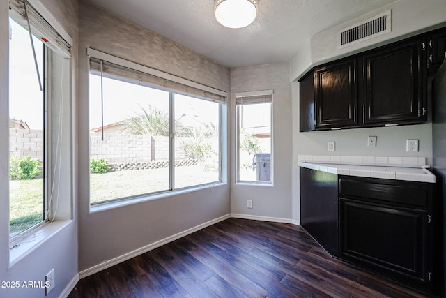 4306 E Raven Rd, Phoenix, AZ 85044 - kitchen with dark cabinets, tile counters, dark wood-style floors, and baseboards