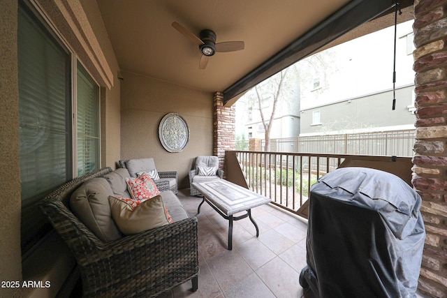 balcony featuring grilling area, outdoor lounge area, and ceiling fan