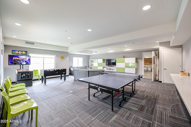 game room featuring carpet flooring, recessed lighting, and visible vents