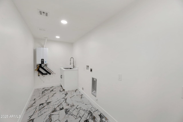 laundry room with washer hookup, a sink, baseboards, marble finish floor, and electric dryer hookup