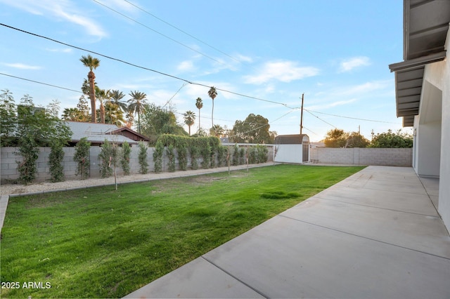 view of yard featuring a patio area, a fenced backyard, a storage shed, and an outbuilding