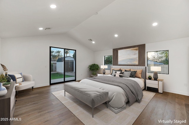 bedroom featuring baseboards, visible vents, access to exterior, vaulted ceiling, and light wood-style floors