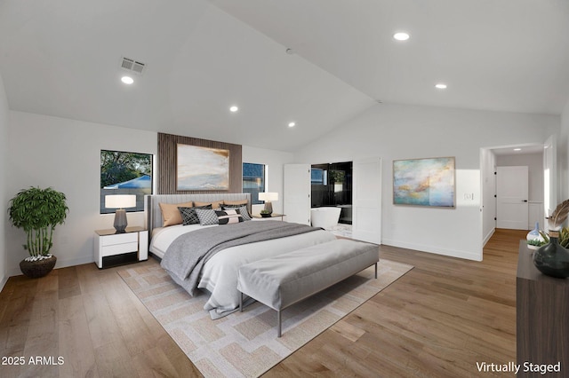 bedroom featuring baseboards, visible vents, wood finished floors, and recessed lighting