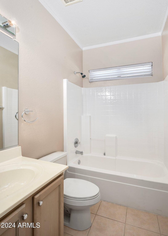 full bathroom with toilet, tile patterned flooring, vanity, and crown molding