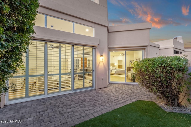 rear view of house with a patio and stucco siding