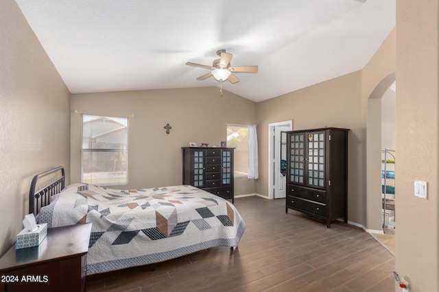 745 E Megan St, Chandler, AZ 85225 - bedroom with baseboards, vaulted ceiling, wood finished floors, and arched walkways