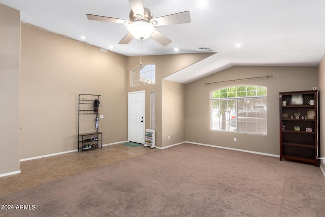 745 E Megan St, Chandler, AZ 85225 - interior space featuring carpet floors, lofted ceiling, baseboards, visible vents, and ceiling fan