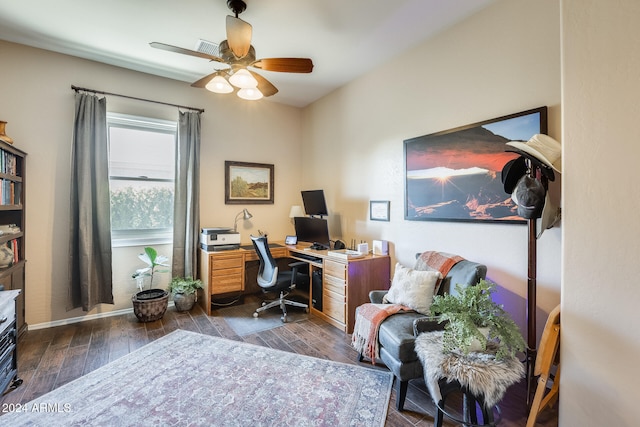 office featuring dark wood-type flooring and ceiling fan