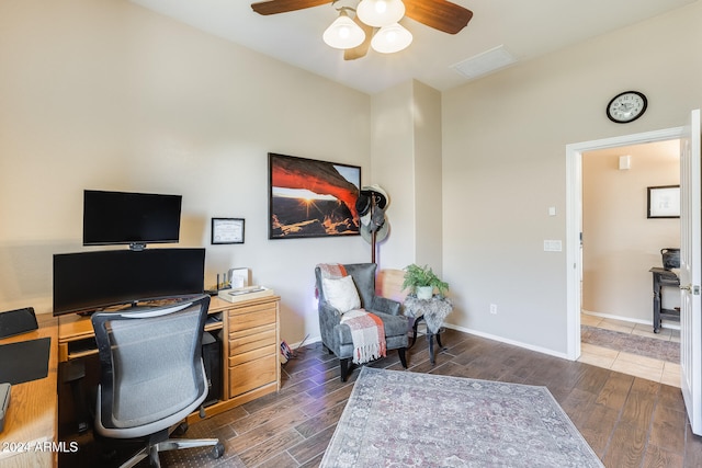 office with ceiling fan and dark hardwood / wood-style floors