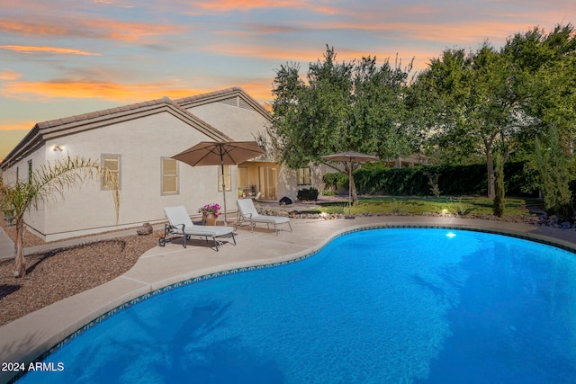 pool at dusk featuring a patio