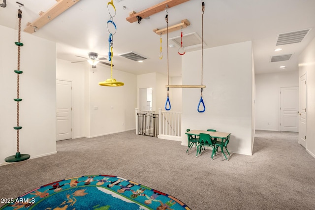 game room featuring ceiling fan and carpet flooring