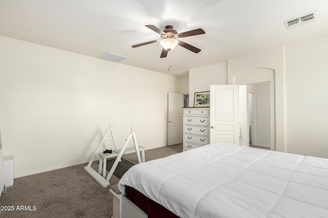 bedroom with light carpet and ceiling fan