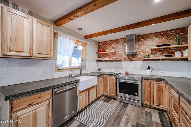 kitchen featuring backsplash, stainless steel appliances, sink, beamed ceiling, and dark hardwood / wood-style floors