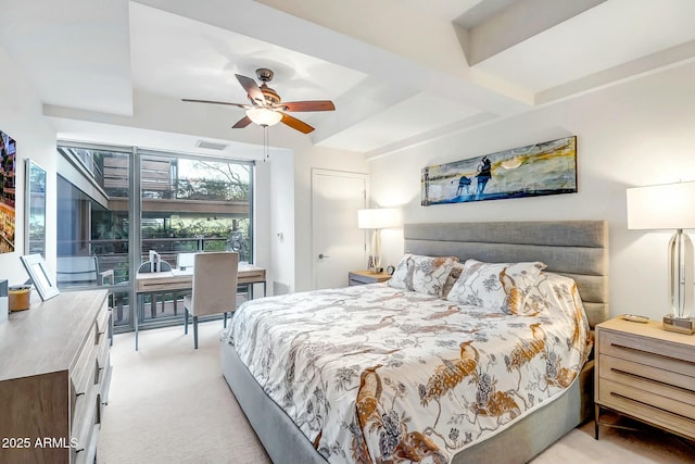 bedroom with ceiling fan, light carpet, visible vents, access to exterior, and beam ceiling